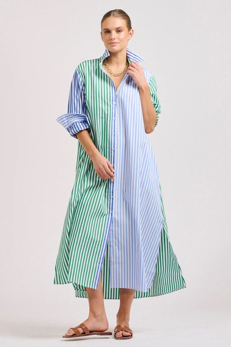 LUNA OVERSIZED LONG SHIRTDRESS GREEN AND BLUE STRIPE