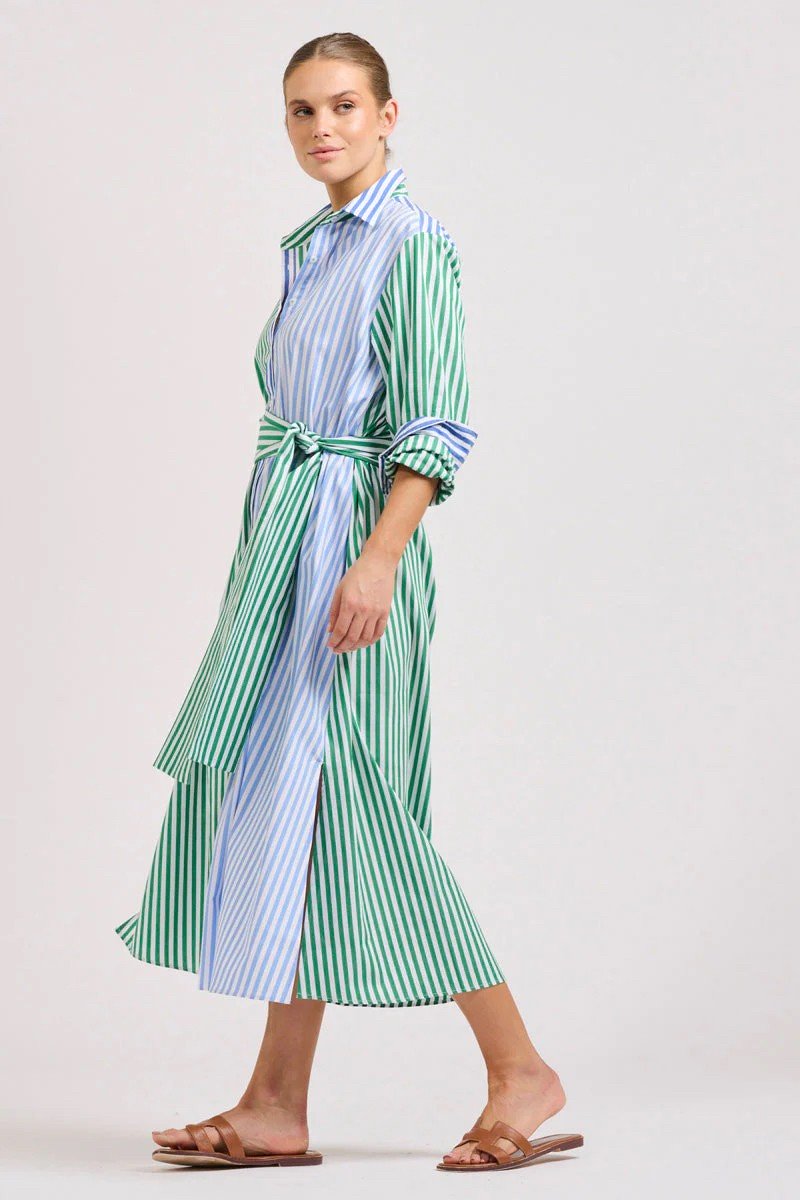 LUNA OVERSIZED LONG SHIRTDRESS GREEN AND BLUE STRIPE