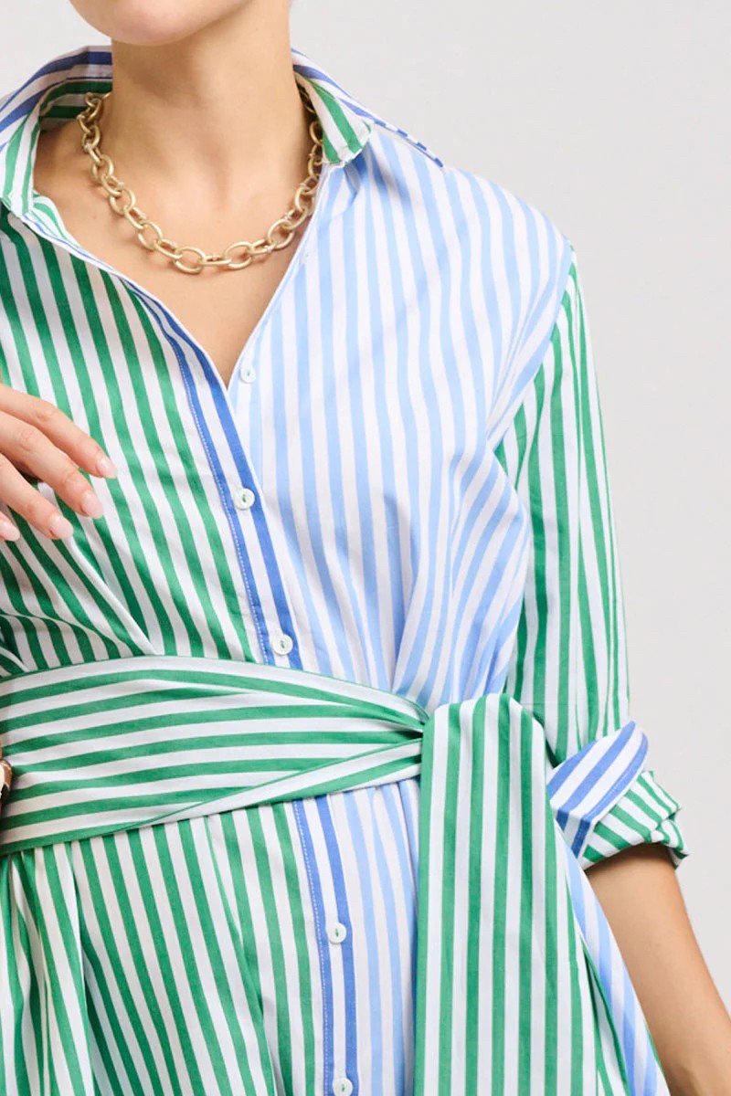 LUNA OVERSIZED LONG SHIRTDRESS GREEN AND BLUE STRIPE