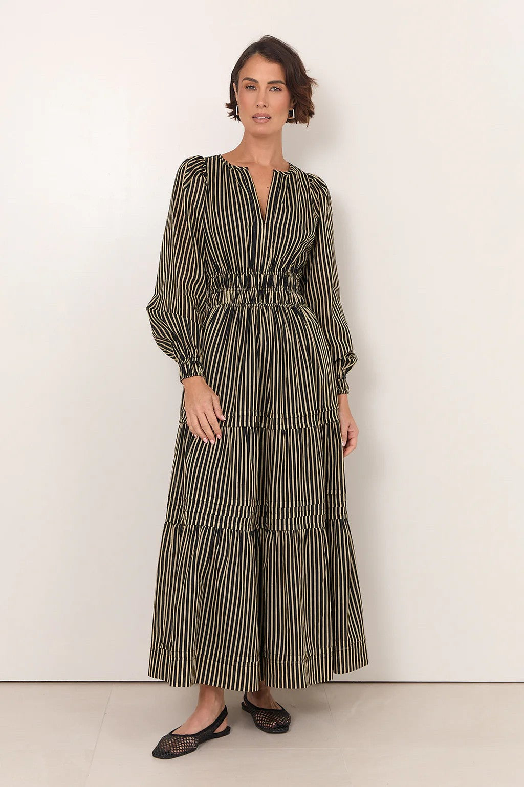 LONG SLEEVE BLACK & WHITE STRIPE MAXI DRESS