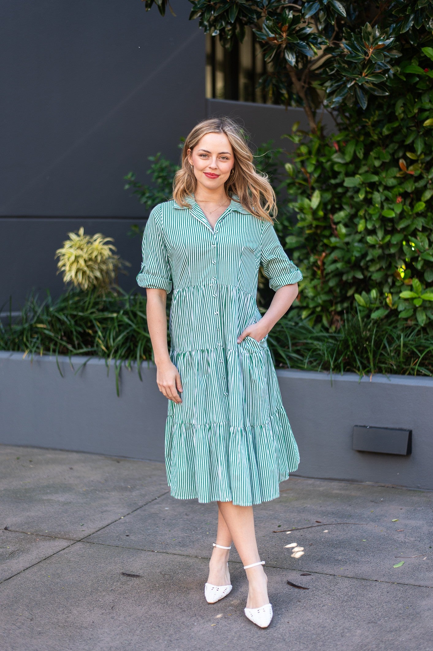 MIDI GREEN AND WHITE STRIPE DRESS