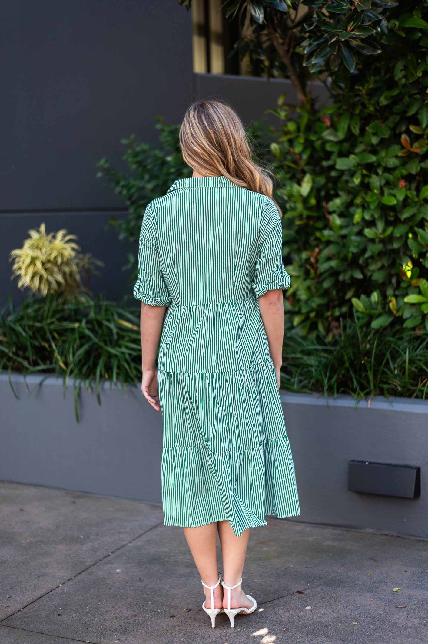 MIDI GREEN AND WHITE STRIPE DRESS