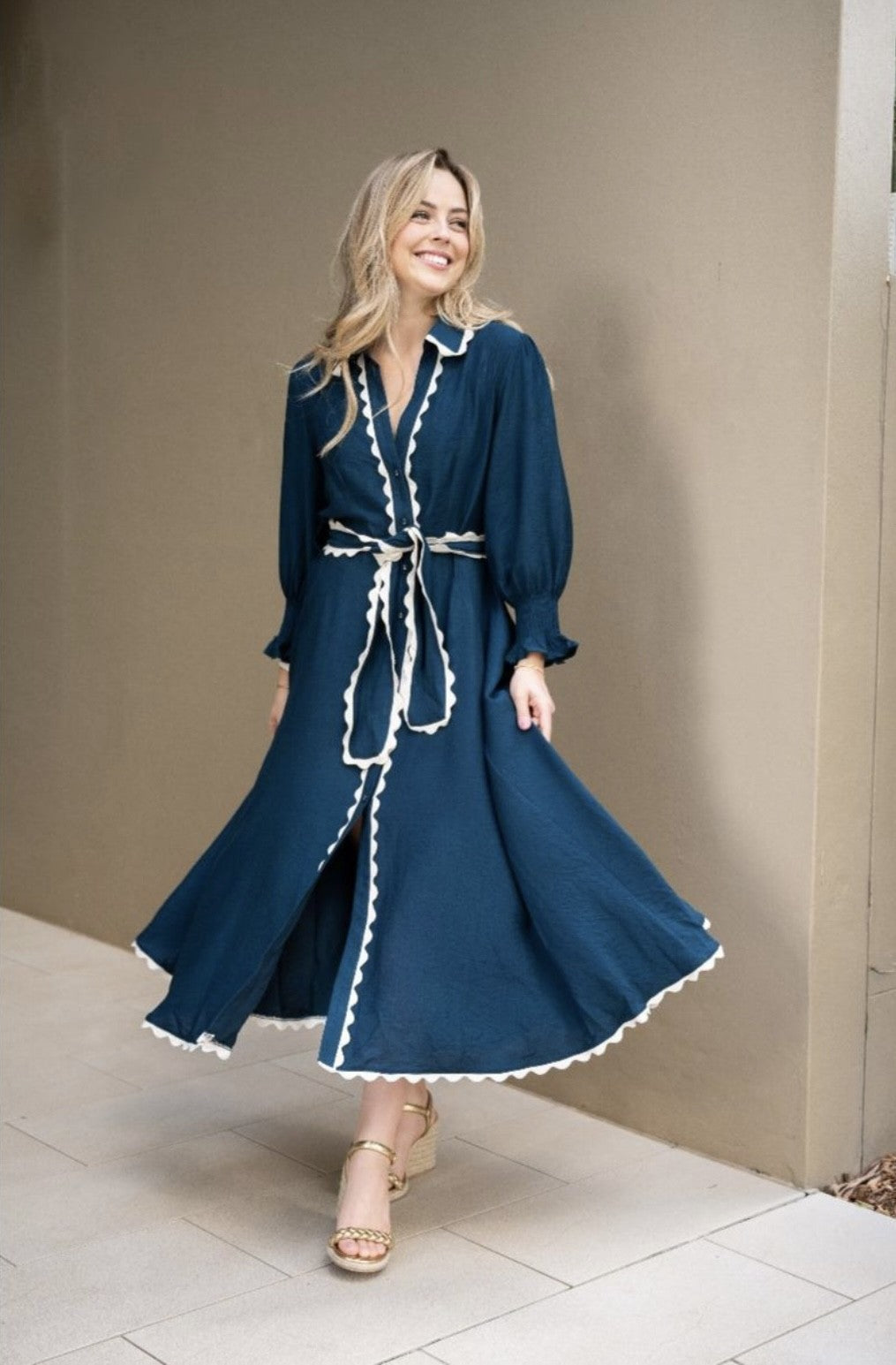 MIDI NAVY-TEAL WITH WHITE RIC RAC