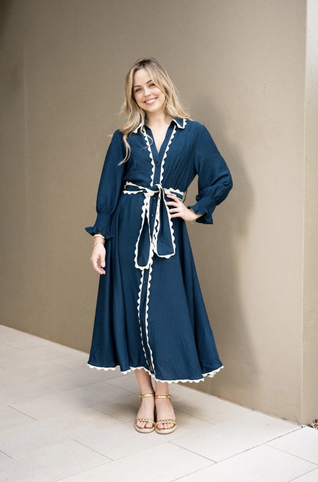 MIDI NAVY-TEAL WITH WHITE RIC RAC