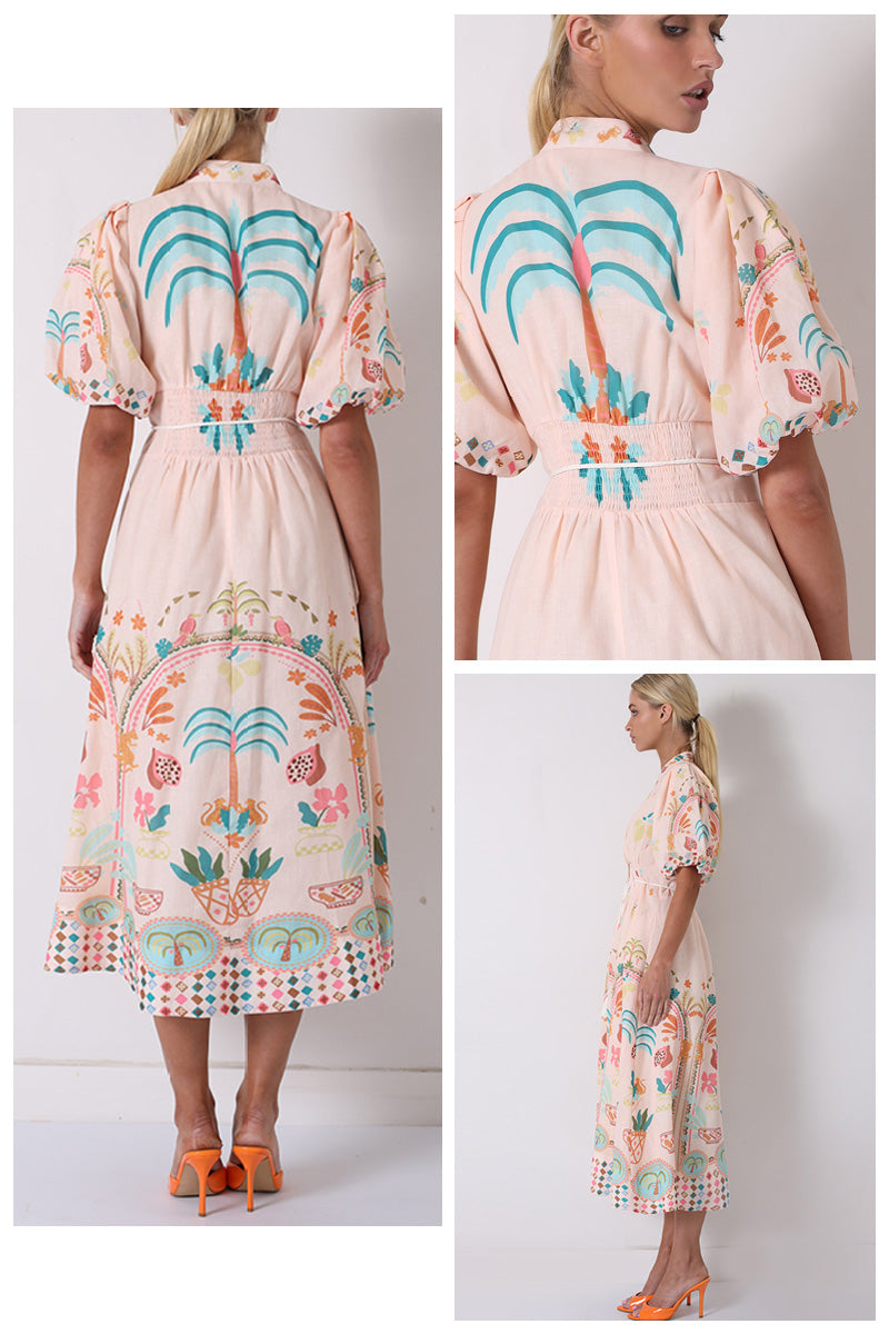 MILAN PALM TREE MIDI LINEN BLEND DRESS
