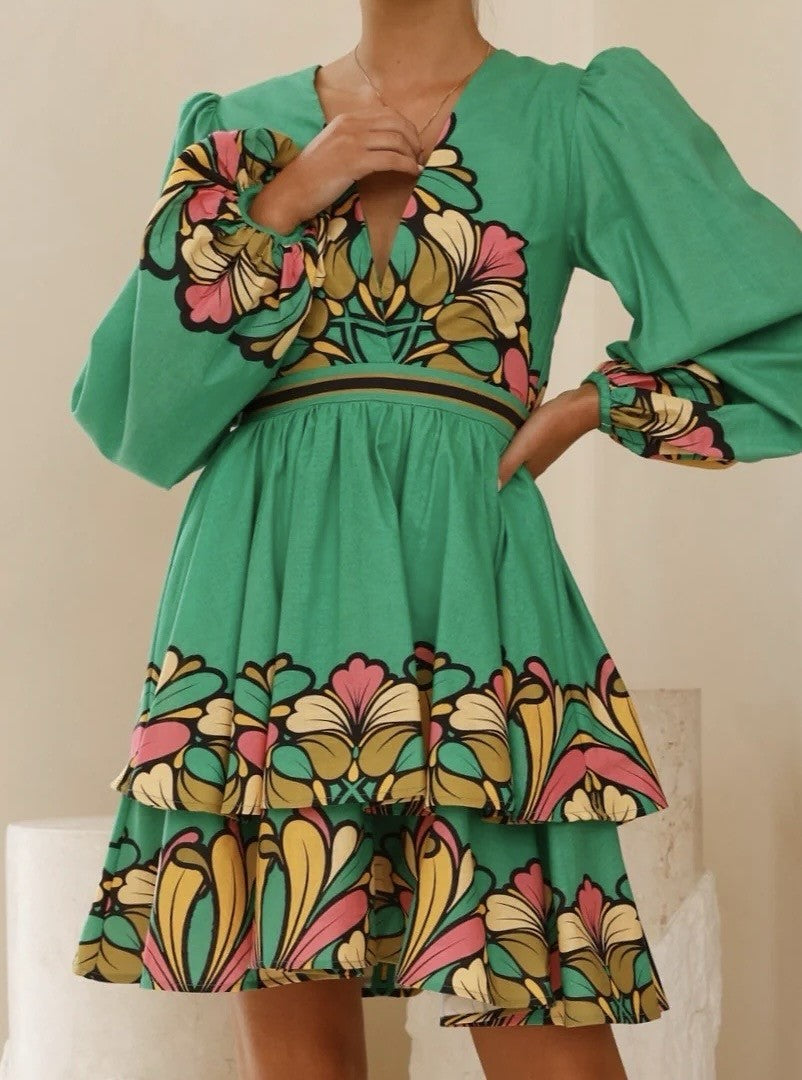 MINI TWO TIERED DRESS GREEN VIBRANT LONG SLEEVES