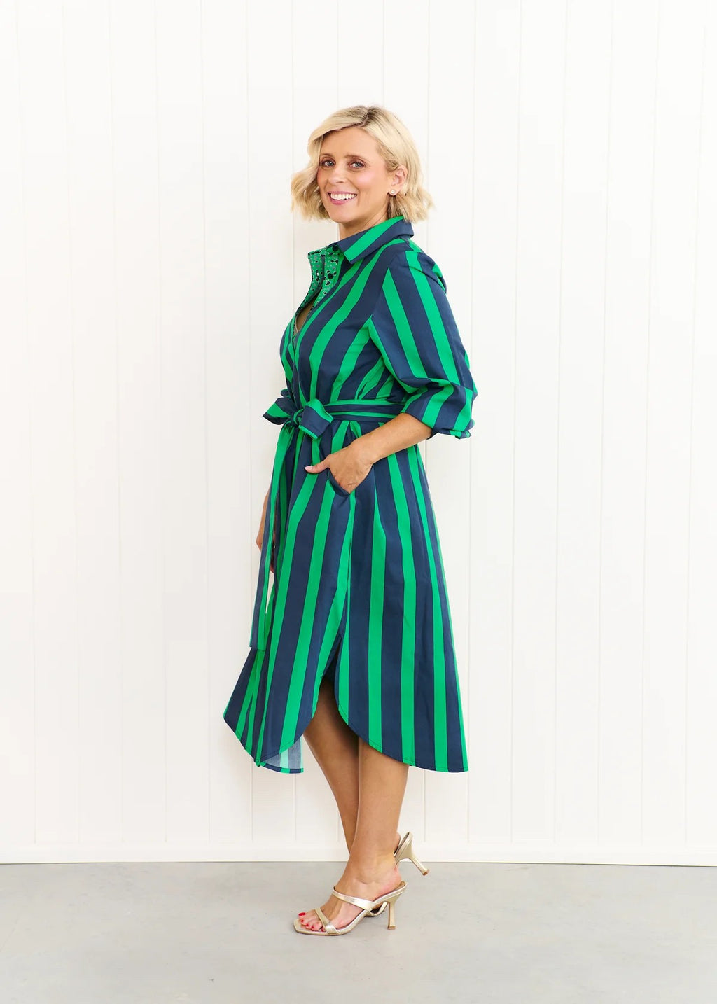 NAVY AND GREEN STRIPE DRESS