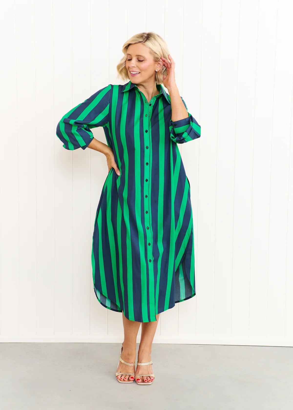 NAVY AND GREEN STRIPE DRESS