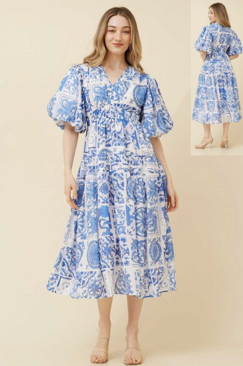MIDI SUSAN BLUE AND WHITE PATTERN DRESS