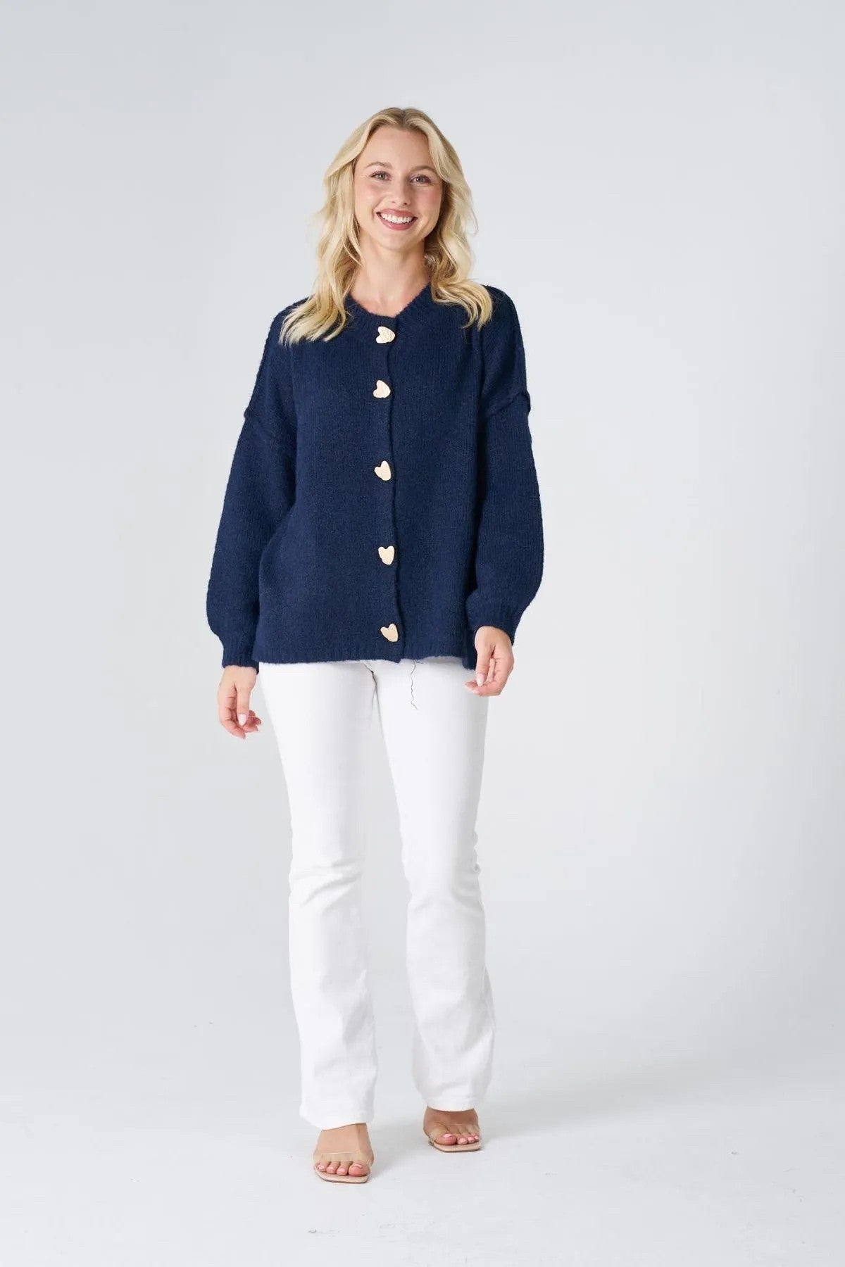 NAVY CARDIGAN SOLID GOLD HEART BUTTONS