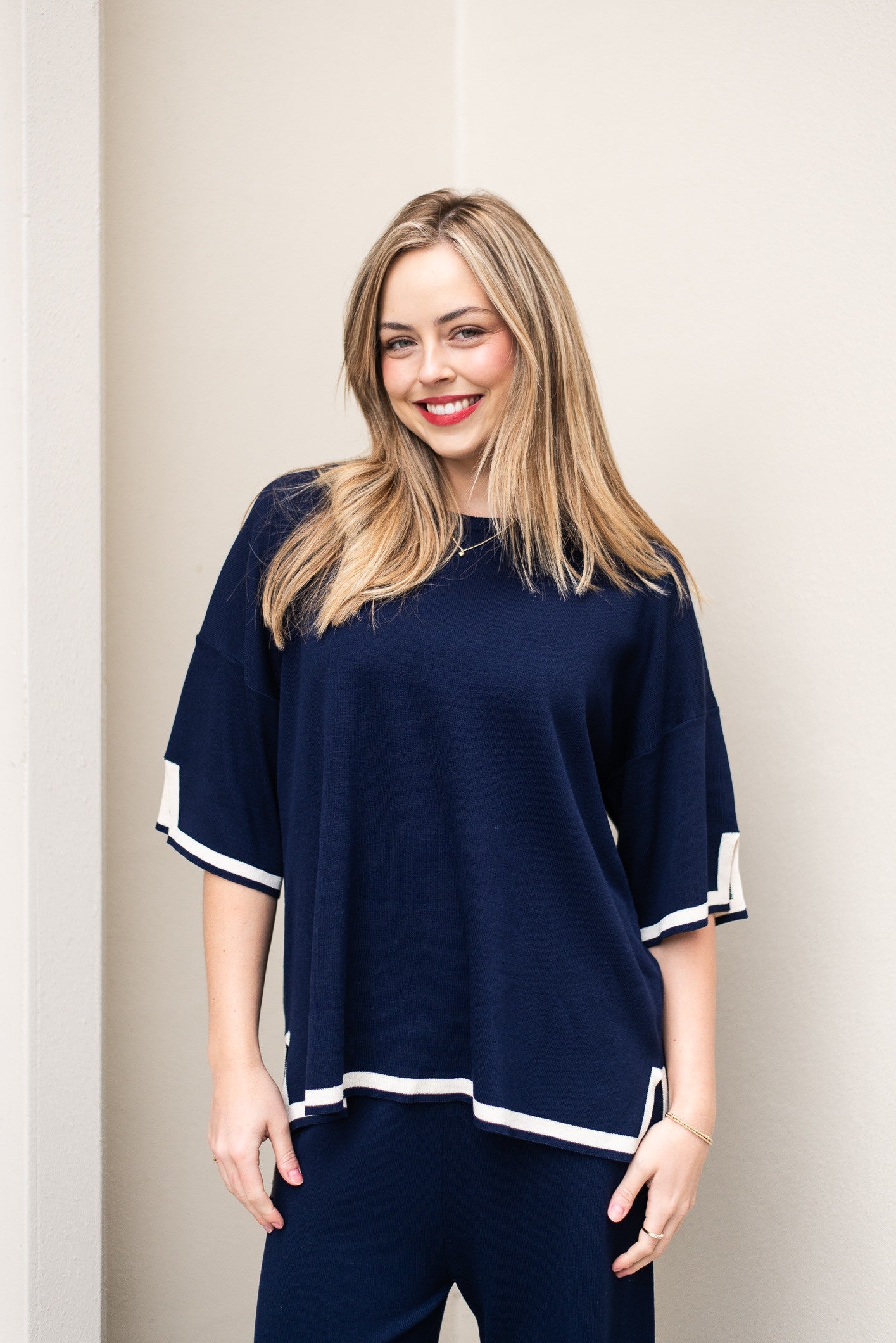 NAVY AND CREAM BORDER KNIT SET