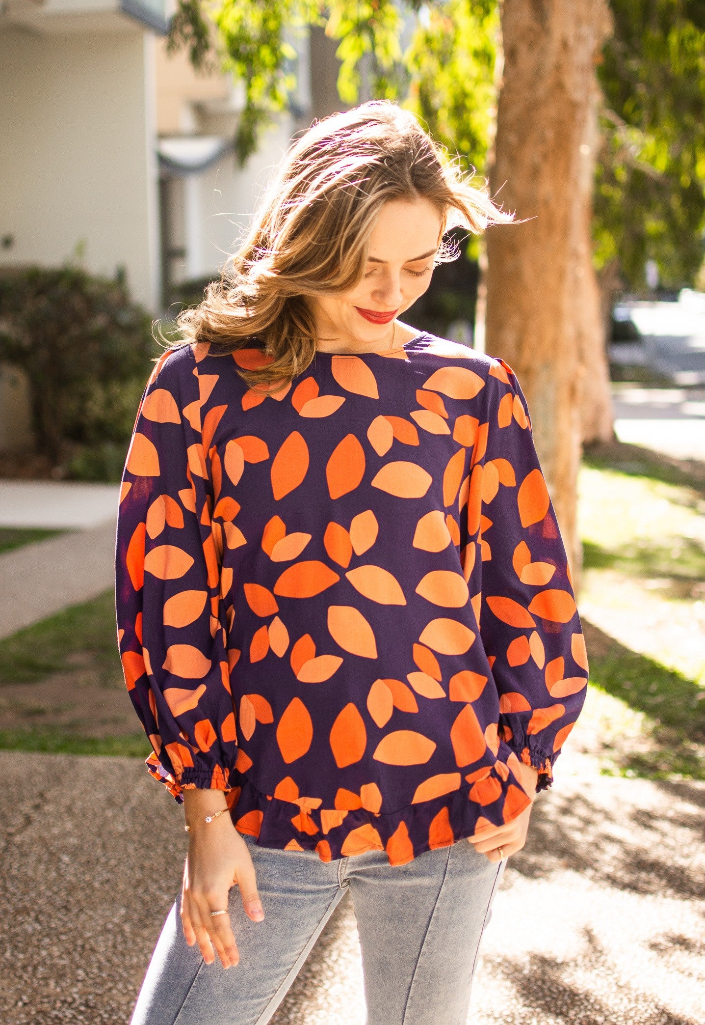 NAVY AND ORANGE LEAVES LONG SLEEVE