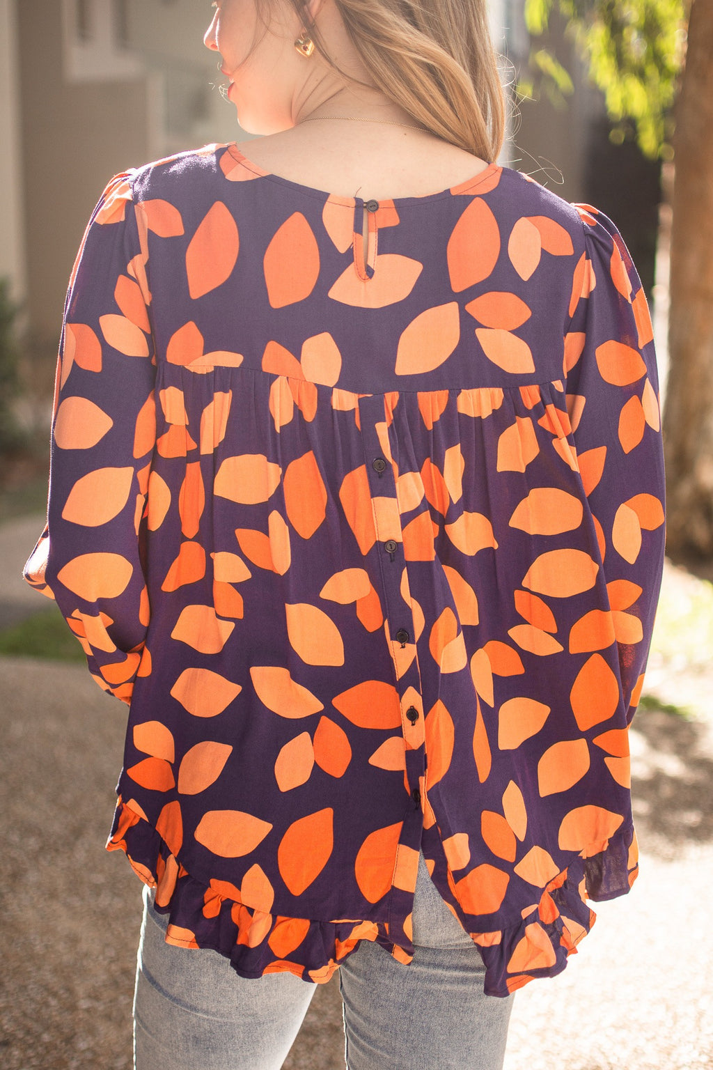 NAVY AND ORANGE LEAVES LONG SLEEVE