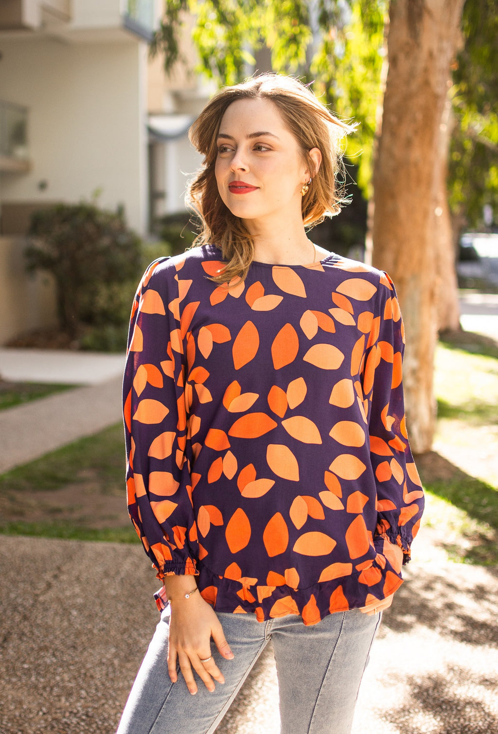 NAVY AND ORANGE LEAVES LONG SLEEVE