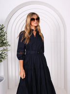 NAVY SLEEVE EMBELISHMENTS COTTON MIDI DRESS