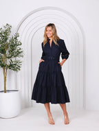NAVY SLEEVE EMBELISHMENTS COTTON MIDI DRESS