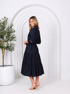 NAVY SLEEVE EMBELISHMENTS COTTON MIDI DRESS