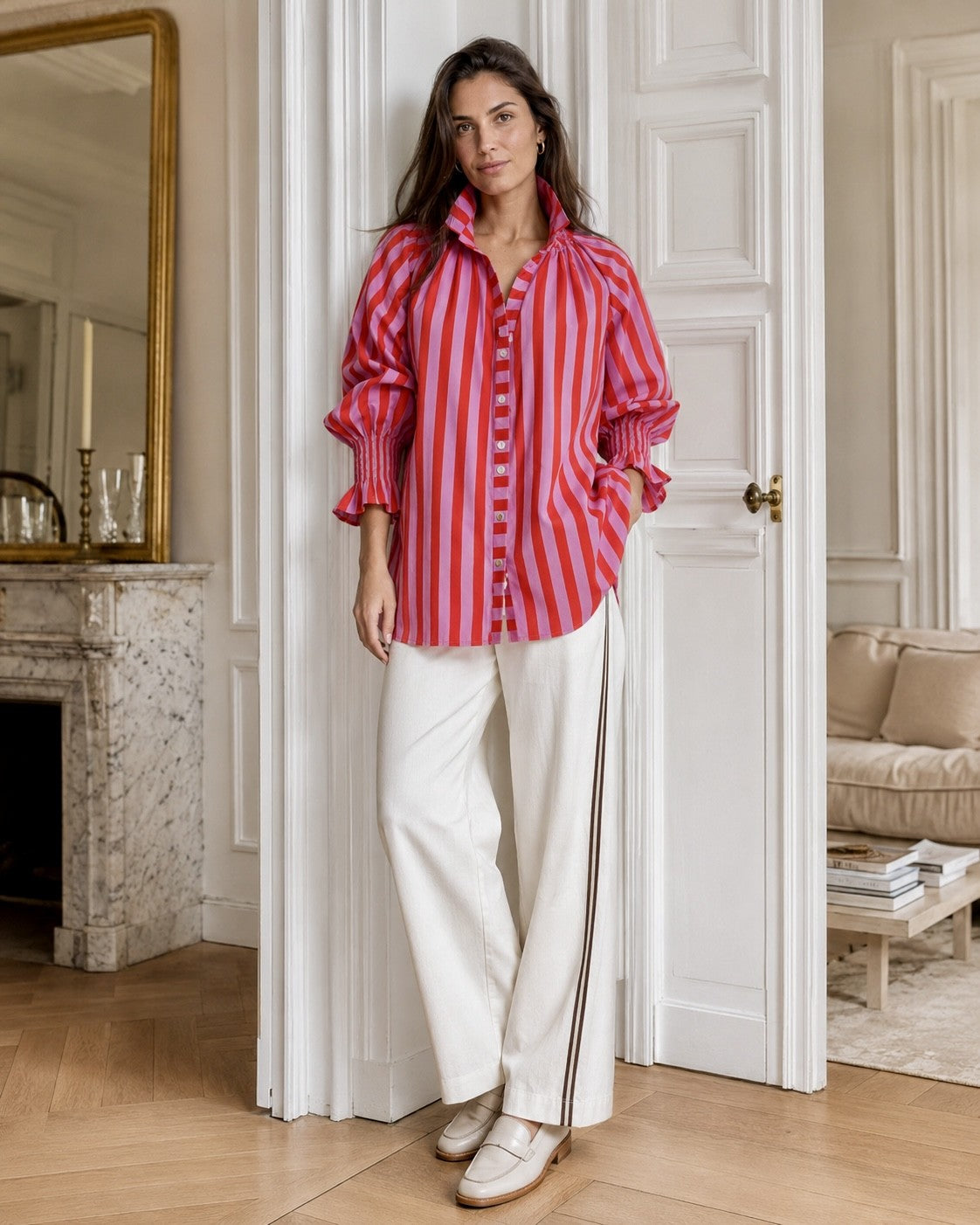 PINK AND RED STRIPE COTTON BLOUSE