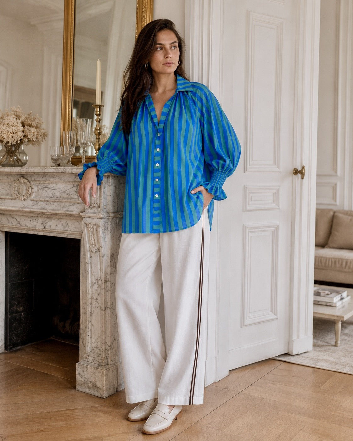 BLUE AND GREEN STRIPE COTTON BLOUSE