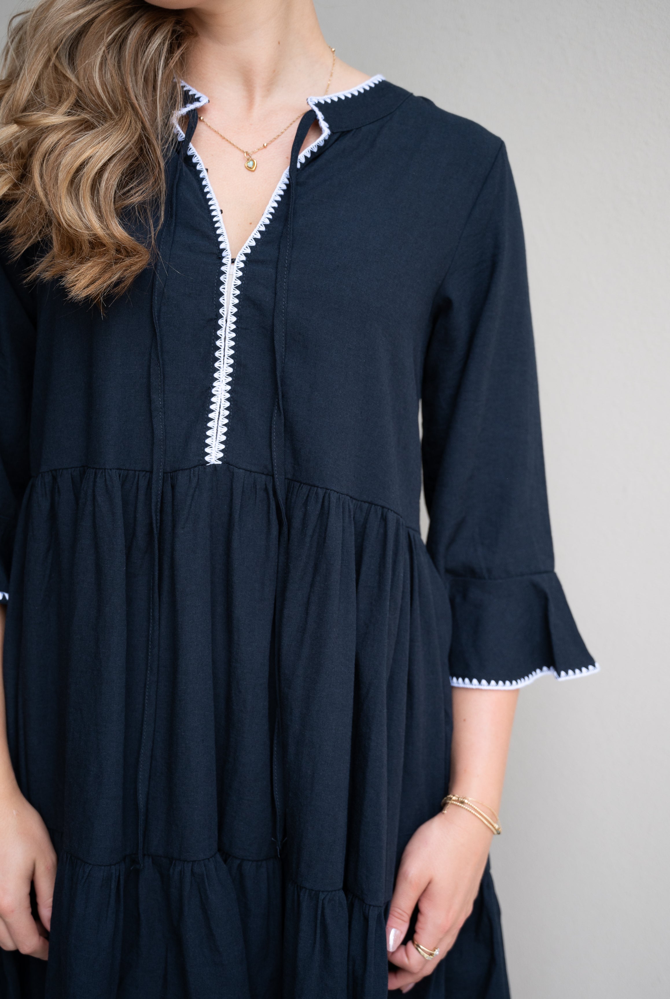 NAVY DRESS WITH WHITE STITCHING