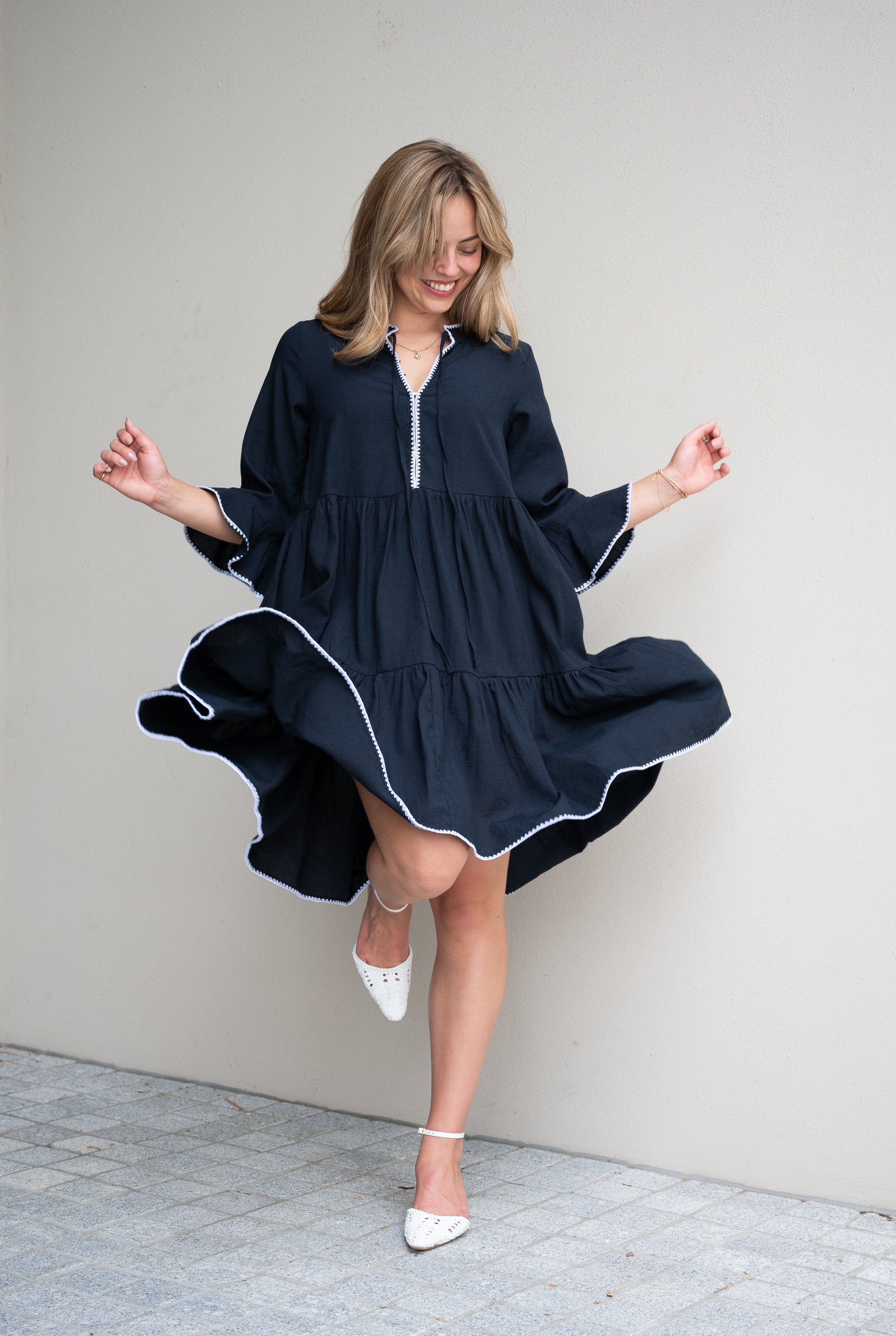 NAVY DRESS WITH WHITE STITCHING