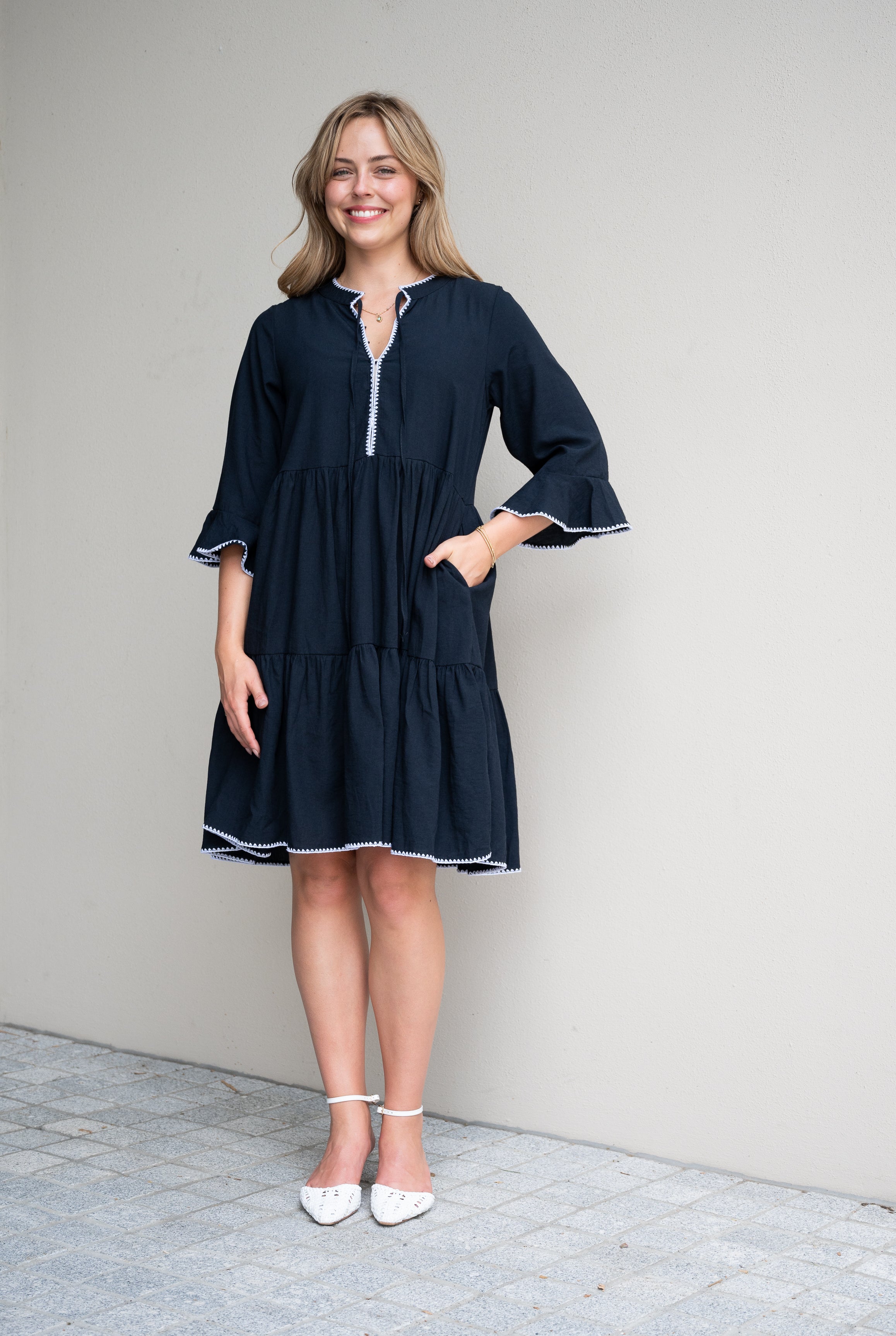 NAVY DRESS WITH WHITE STITCHING
