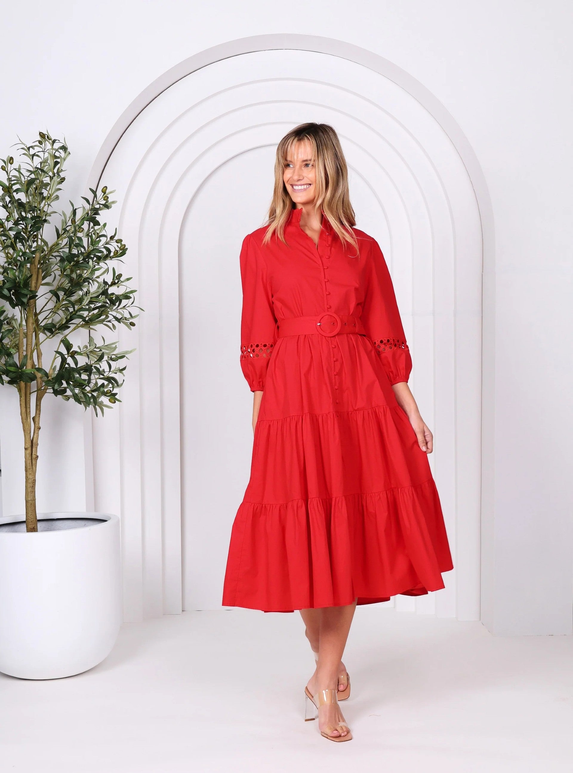 RED SLEEVE EMBELISHMENTS COTTON DRESS