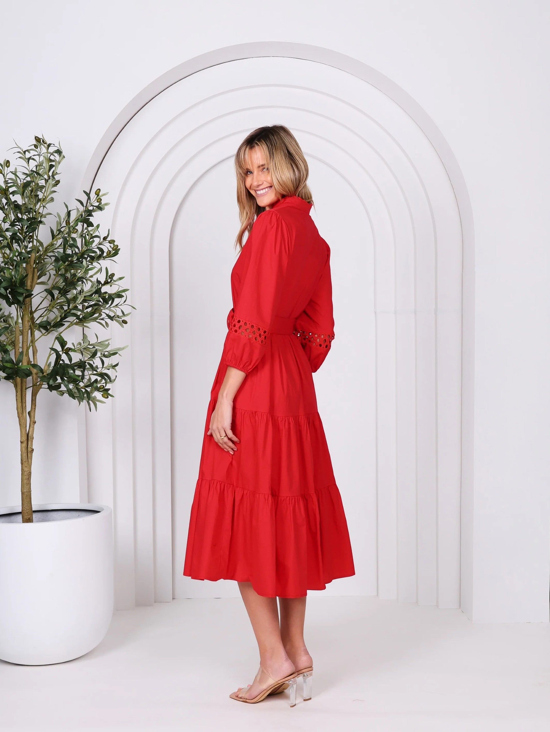 RED SLEEVE EMBELISHMENTS COTTON DRESS