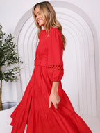 RED SLEEVE EMBELISHMENTS COTTON DRESS