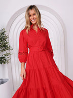RED SLEEVE EMBELISHMENTS COTTON DRESS