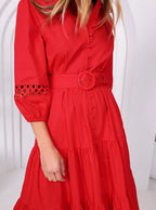 RED SLEEVE EMBELISHMENTS COTTON DRESS