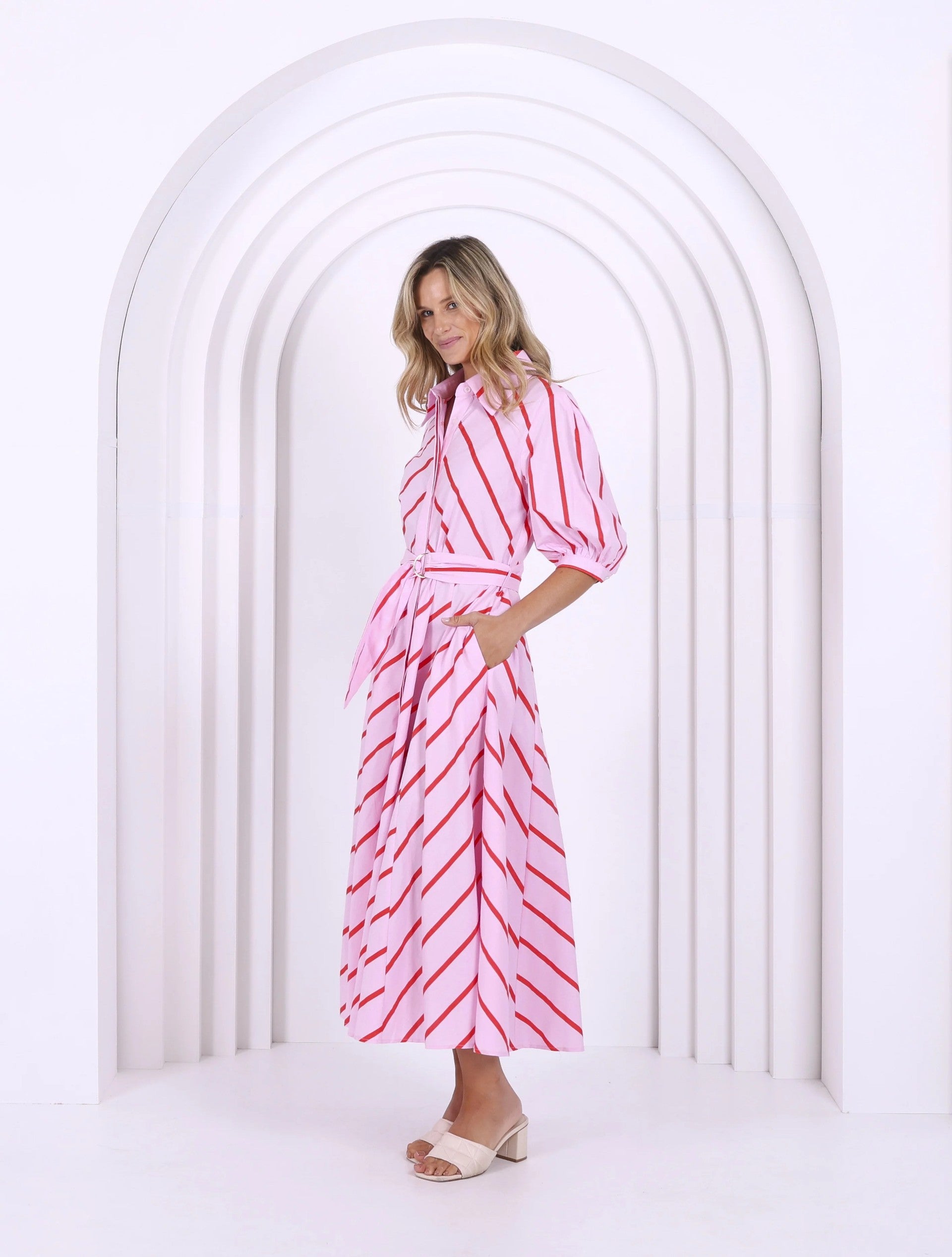 LIGHT PINK AND RED STRIPE DRESS