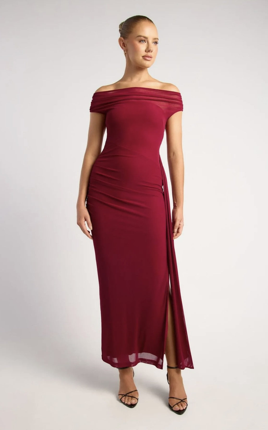 RED OFF SHOULDER SHEER NECKLINE MESH DRESS WITH SIDE SASH DETAIL