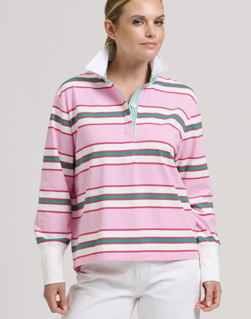 RUGBY TOP PINK MULTI STRIPE