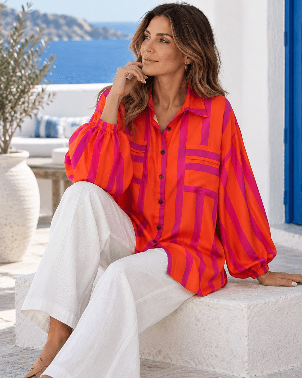 LIGHT WEIGHT ORANGE AND HOT PINK BLOUSE