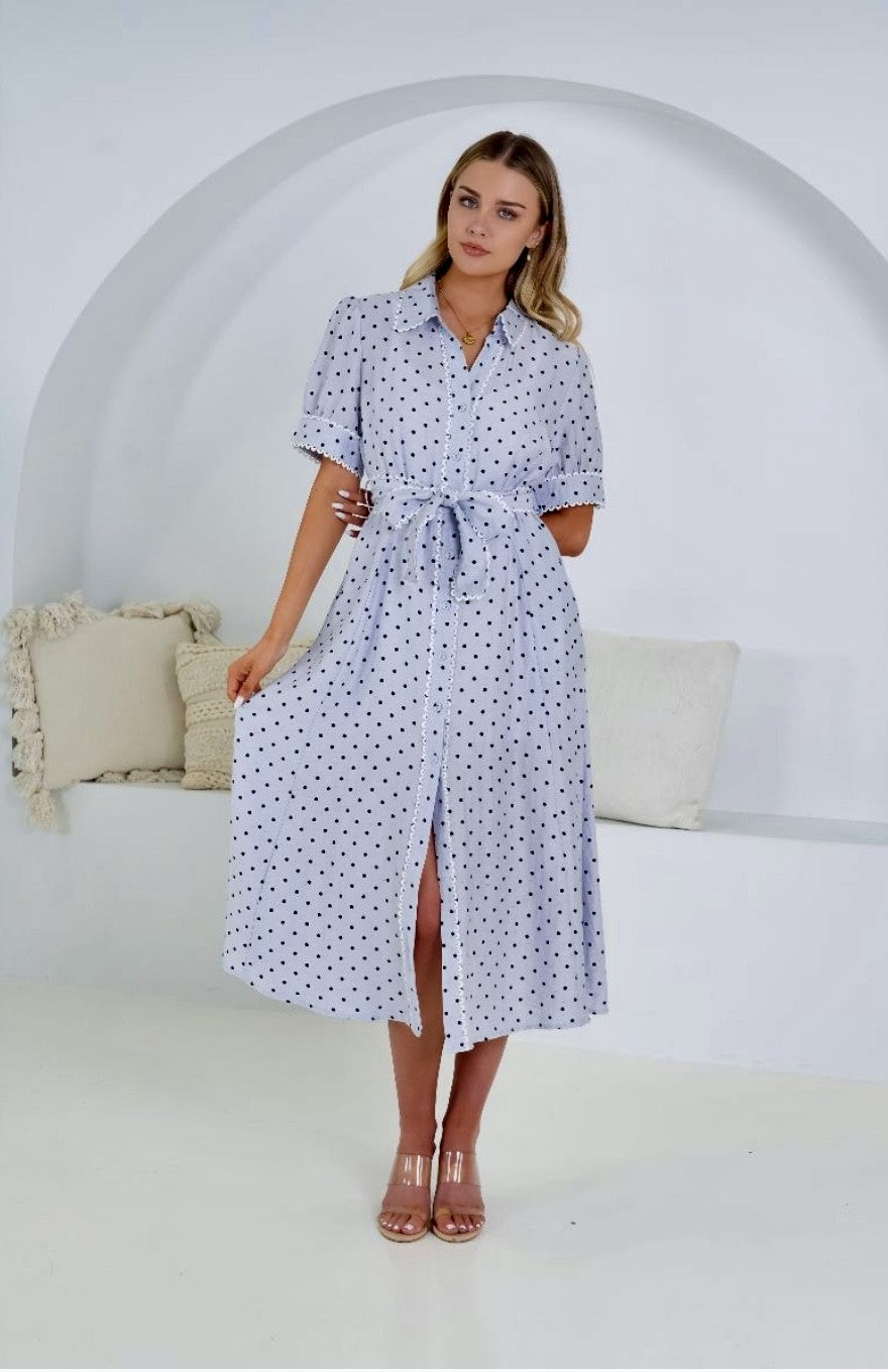 BLUE MIDI DRESS WITH BLACK SPOTS AND WHITE RIC RAC TRIM