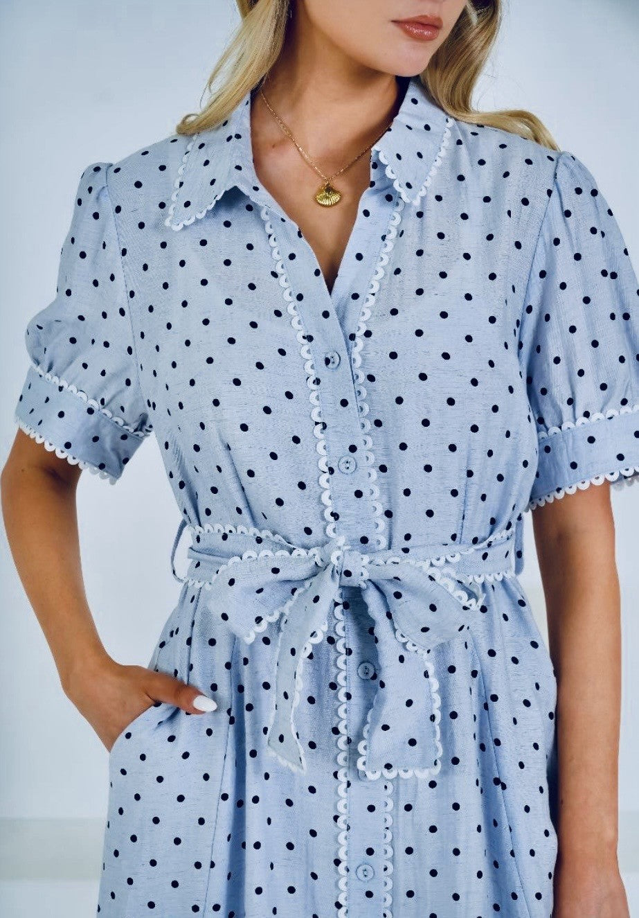 BLUE MIDI DRESS WITH BLACK SPOTS AND WHITE RIC RAC TRIM