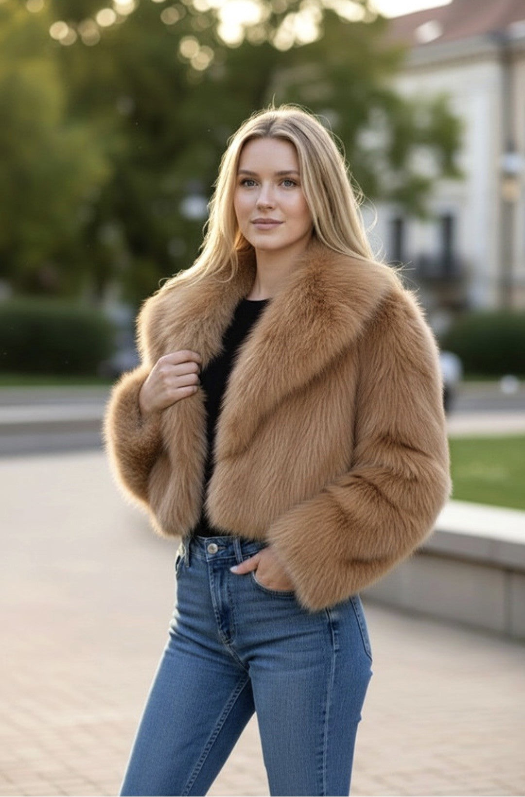 TAN FAUX FUR CROPPED JACKET