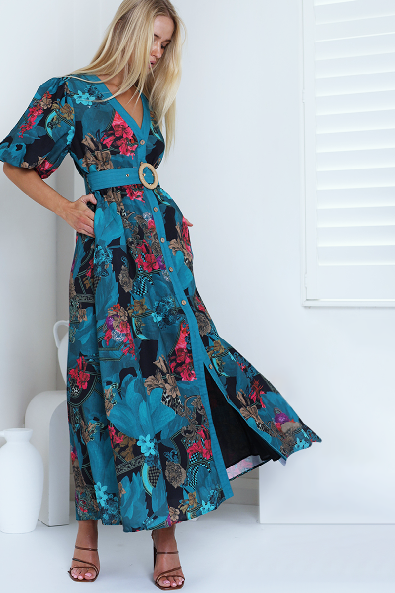 TEAL TROPICANA  LINEN BLEND MAXI