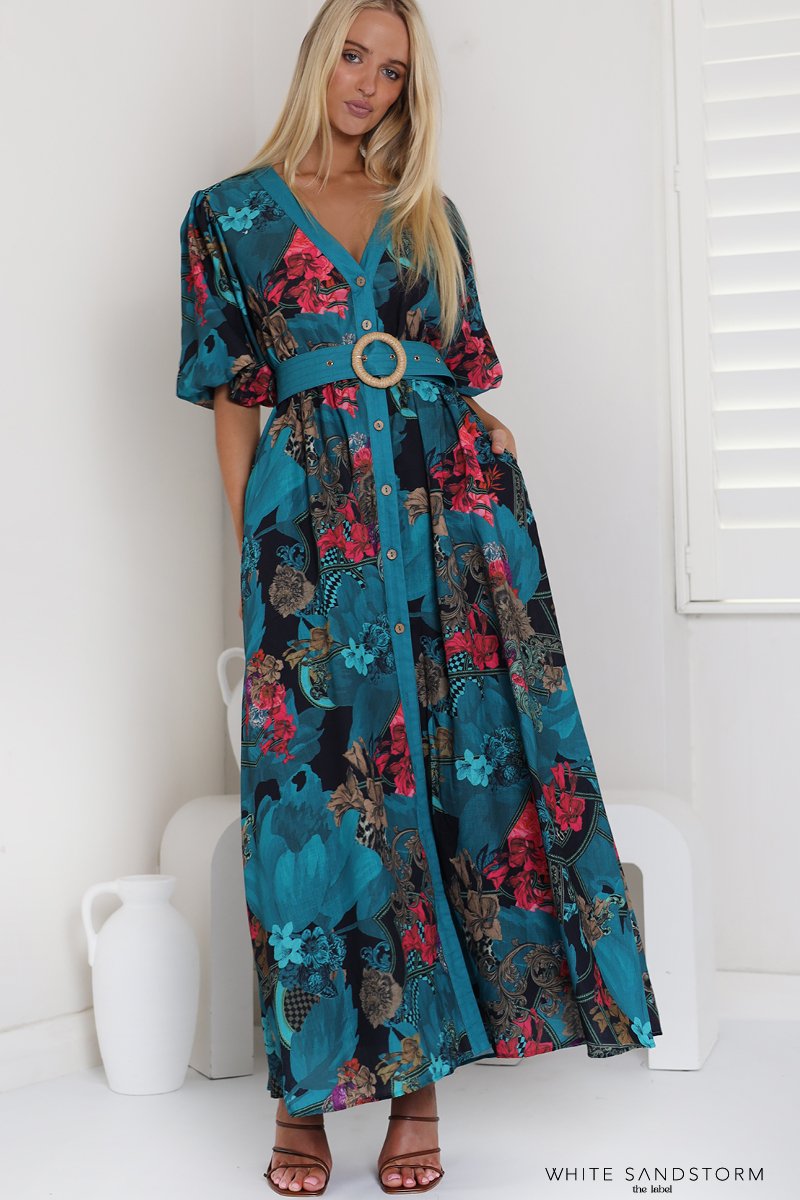 TEAL TROPICANA  LINEN BLEND MAXI