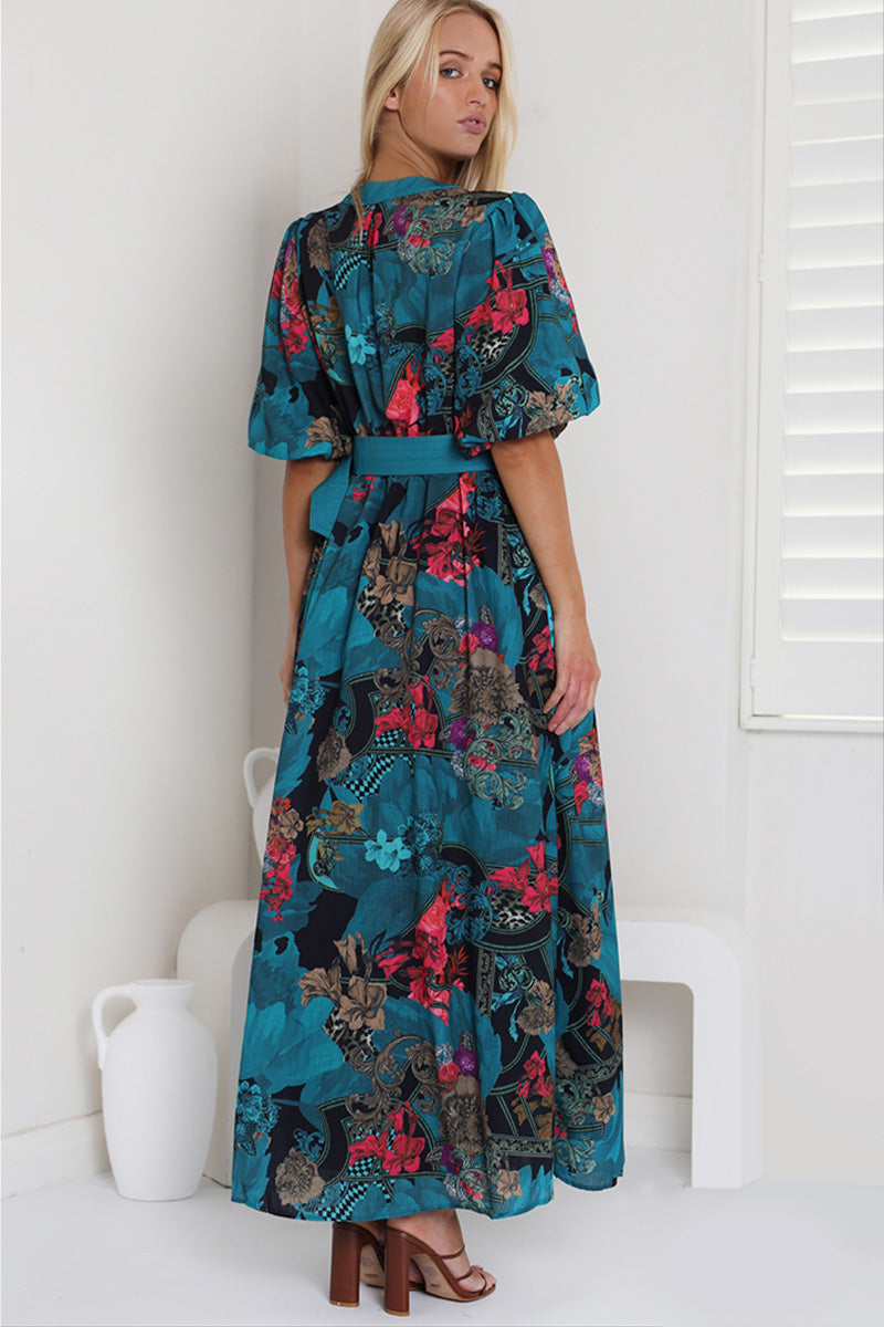 TEAL TROPICANA  LINEN BLEND MAXI