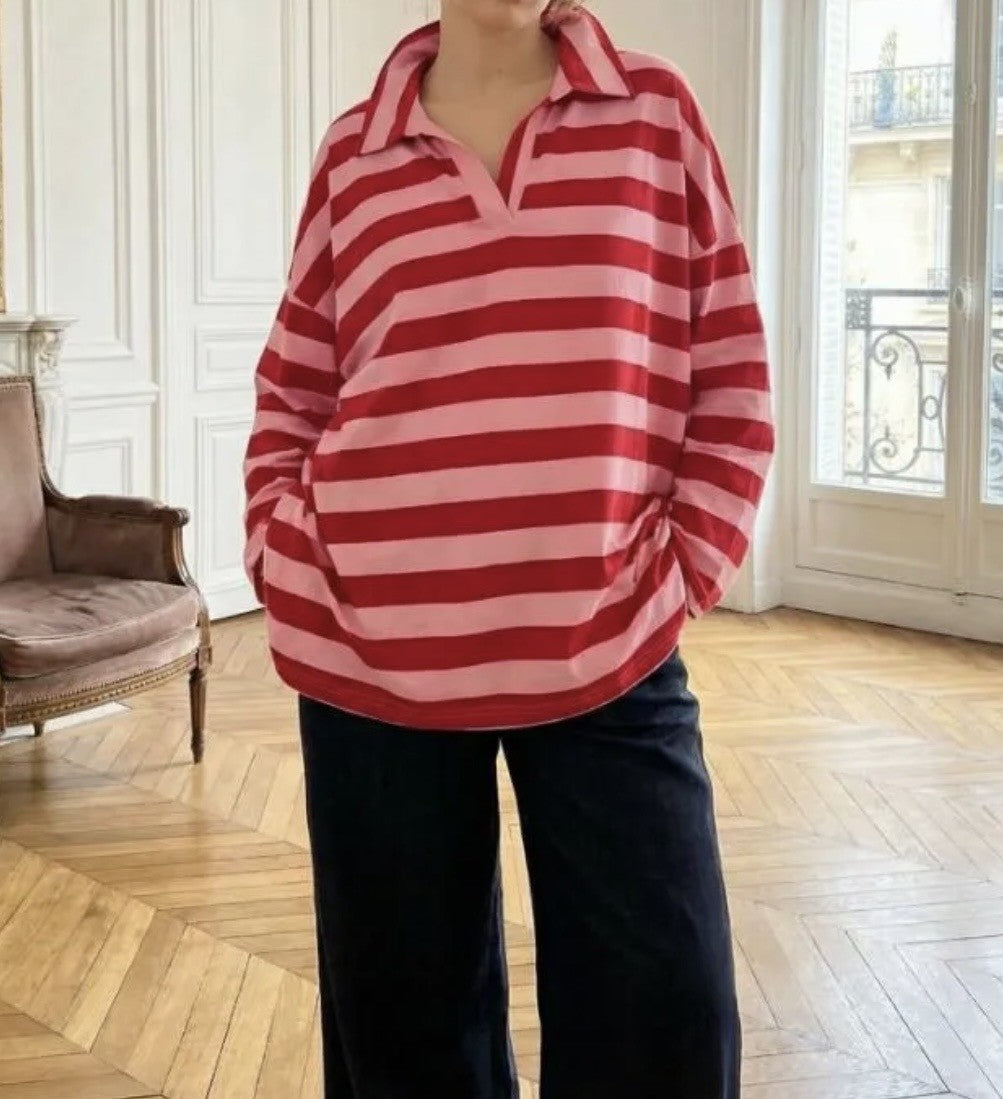 CURVY LONG SLEEVE POLO TOP PINK AND RED