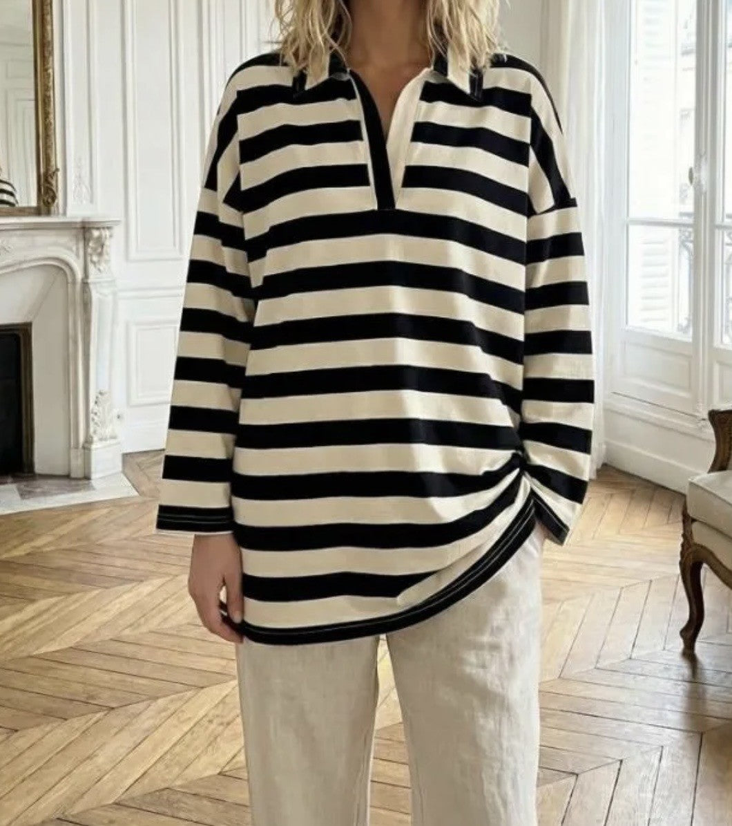 CURVY STRIPE POLO TOP BLACK AND CREAM