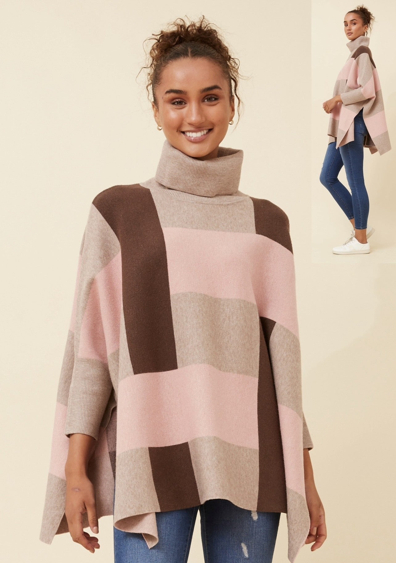 WARM FOLD OVER HIGH NECK WITH SLEEVES OSFA BEIGE PINK BROWN PATTERN