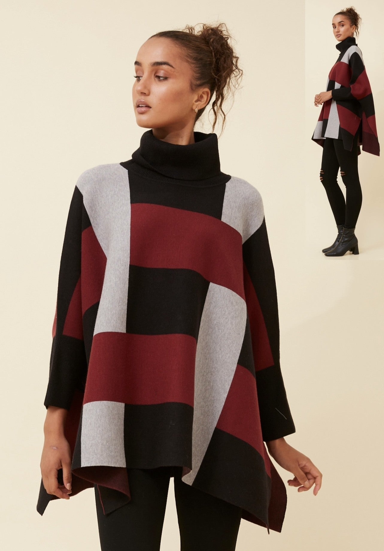 WARM FOLD OVER HIGH NECK WITH SLEEVES OSFA BURGUNDY BLACK GREY PATTERN