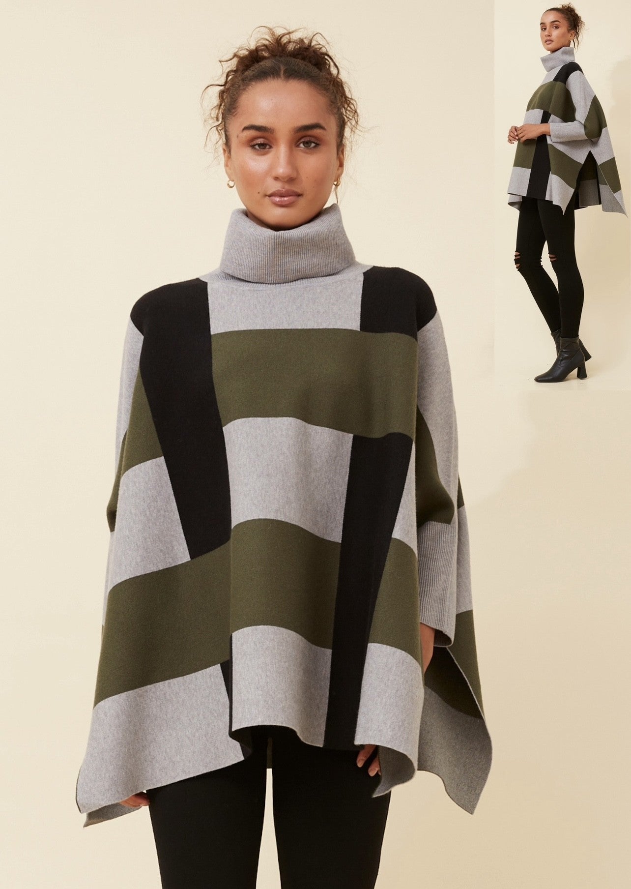 WARM FOLD OVER HIGH NECK WITH SLEEVES OSFA GREY GREEN PATTERN