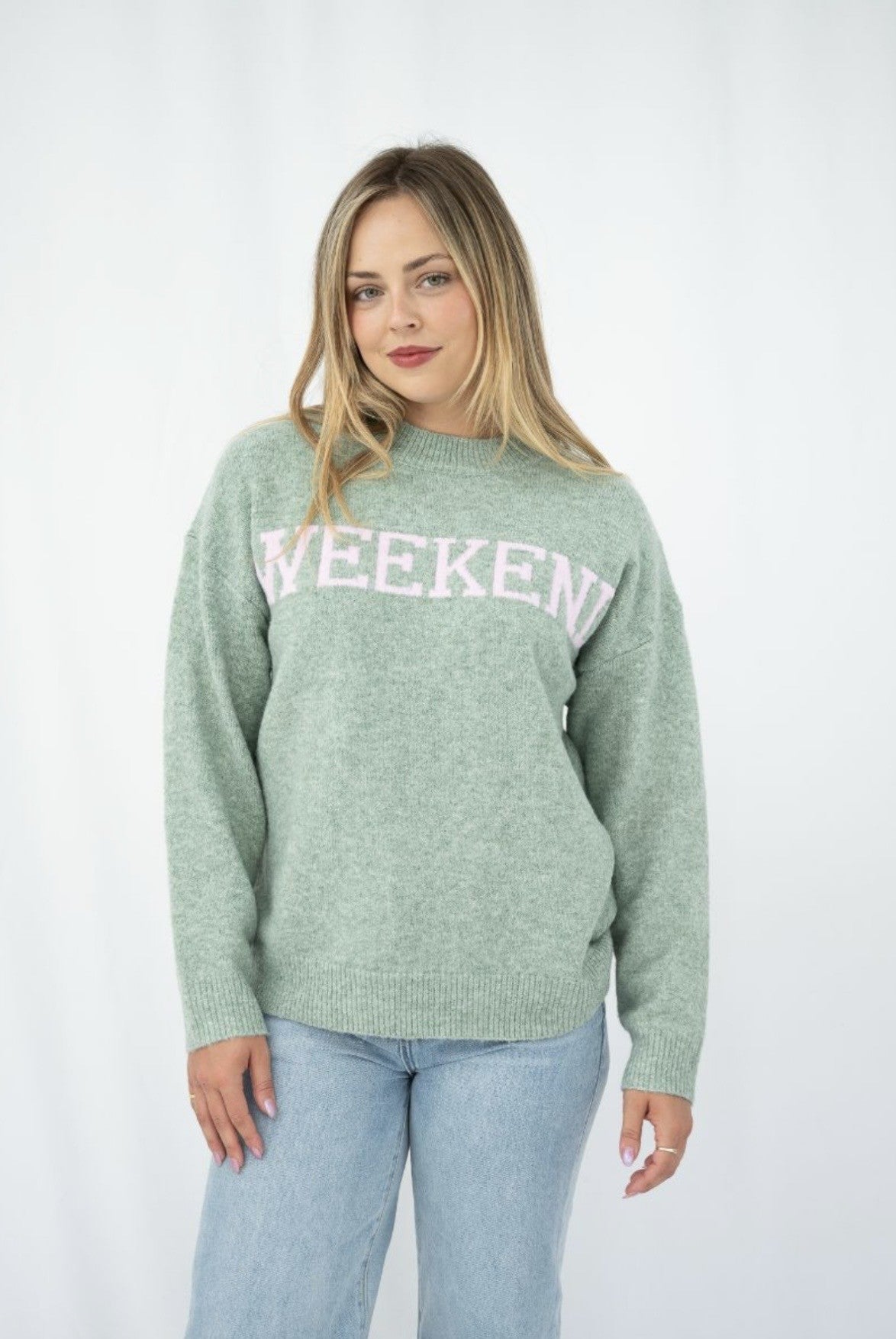 WOOL BLEND JUMPER - SAGE AND PINK WEEKEND