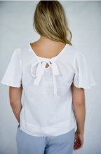 WHITE LINEN FLUTTED SLEEVES WITH BOW AT BACK