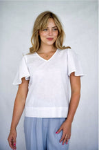 WHITE LINEN FLUTTED SLEEVES WITH BOW AT BACK