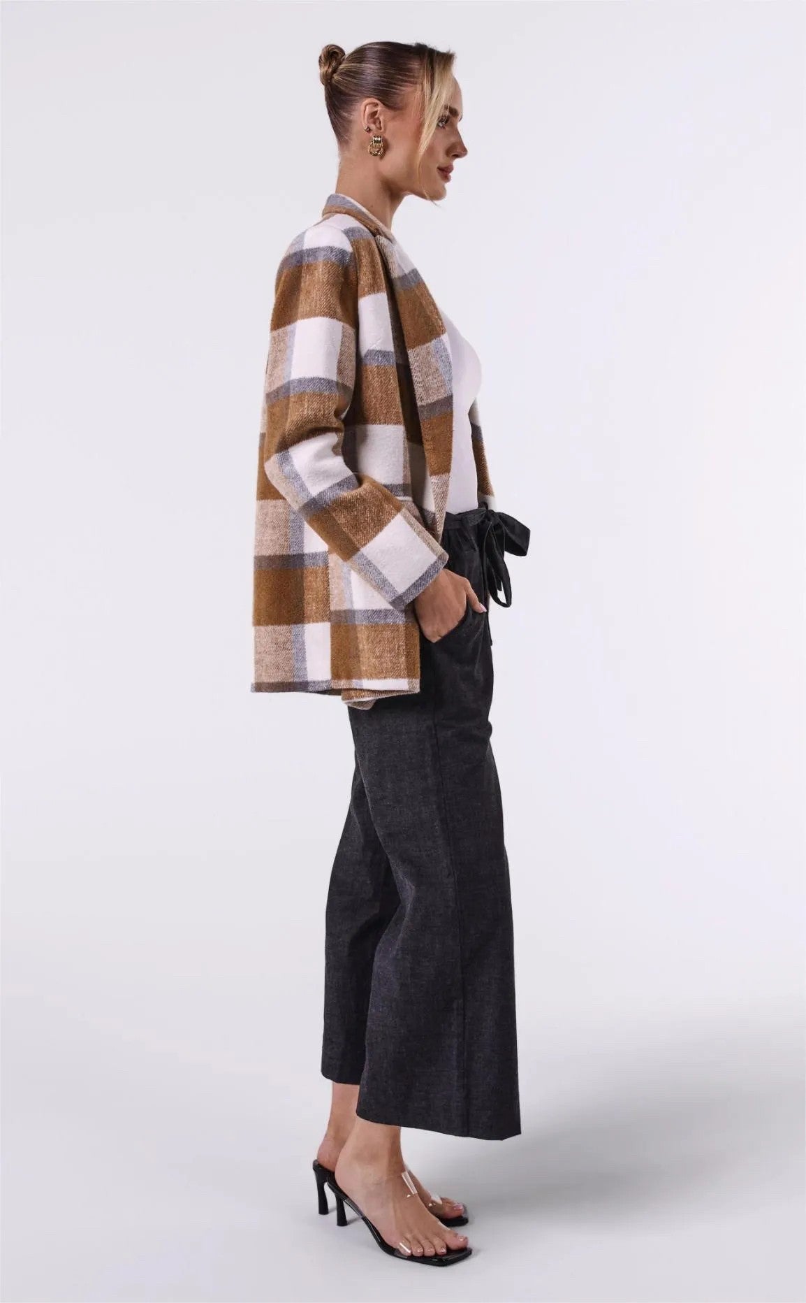 WOOL BLEND LIGHT BROWN LARGE TARTAN JACKET